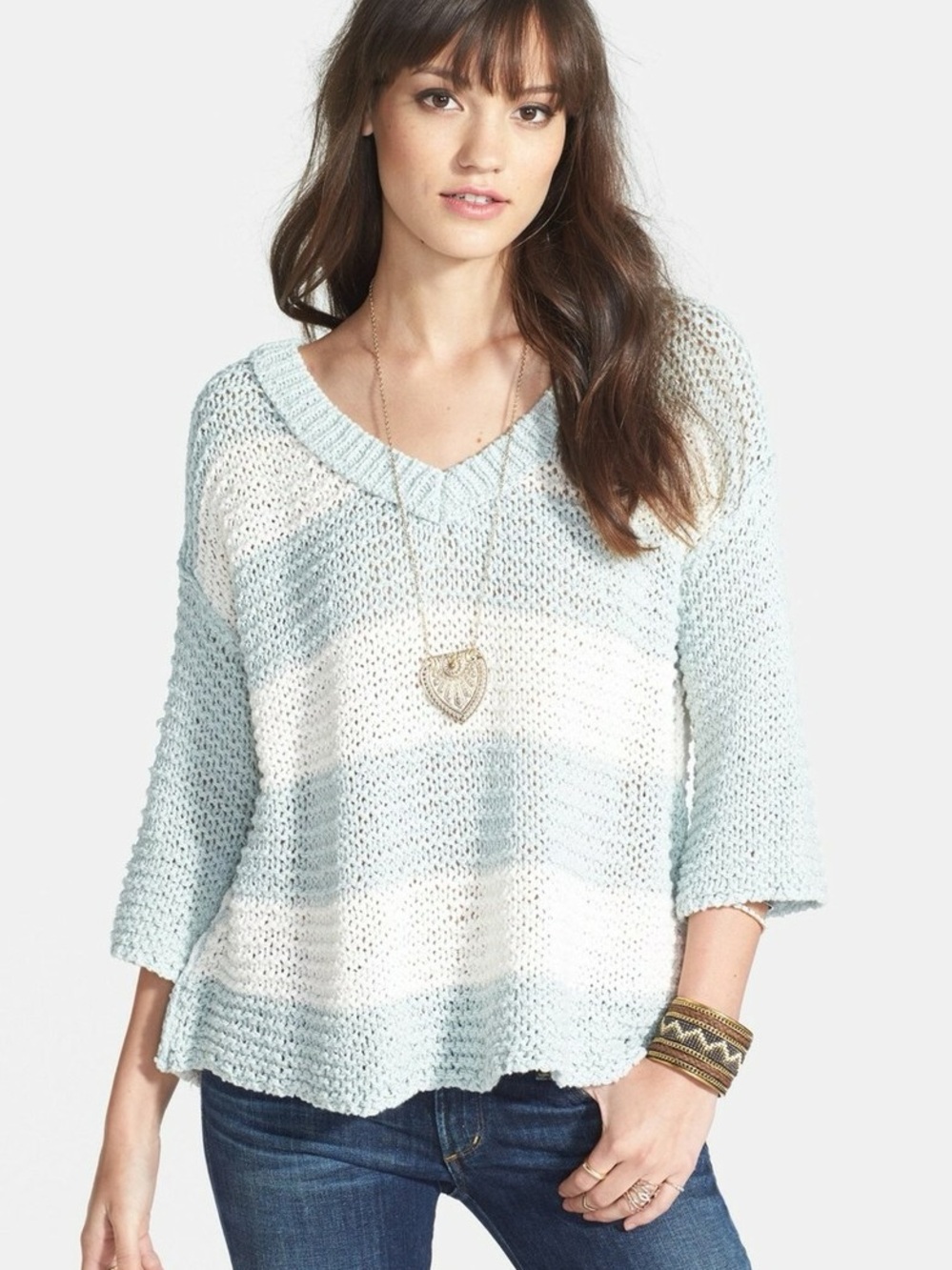 Free People Parkslope Striped V-Neck Knit Sweater in Mint and White